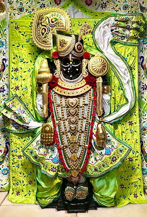 Dwarkadhish Krishna Temple Deity Adorned in Gold Jewelry and Green Silk Garments HD phone wallpaper