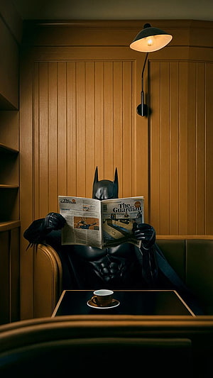 Batman reading The Guardian newspaper in a cozy cafe booth with coffee cup, Batman . Cool . Batman , Batman , Batman lockscreen, Batman Funny HD phone wallpaper