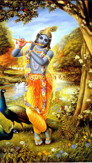 Lord Krishna Playing Flute in a Lush Garden with Peacocks and Swans HD phone wallpaper