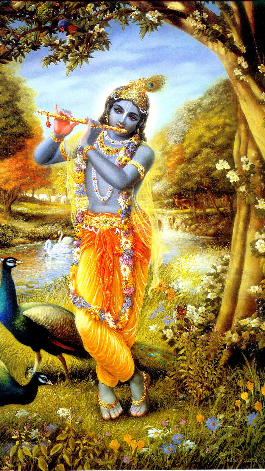 Lord Krishna Playing Flute in a Lush Garden with Peacocks and Swans HD phone wallpaper