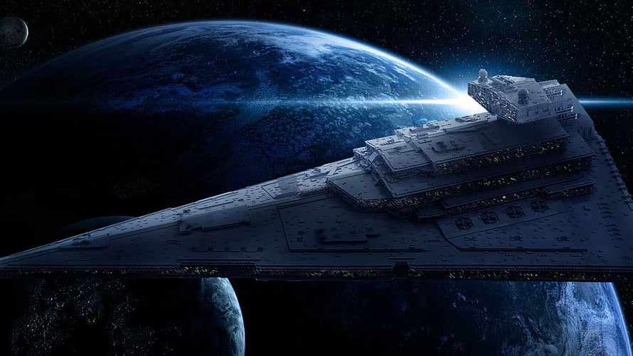 Imperial Star Destroyer Cruising Past a Blue Planet in Deep Space HD wallpaper