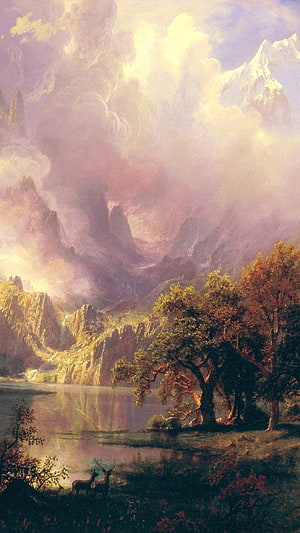 Albert Bierstadt Romantic Landscape Painting with Mountain Peaks and Lake HD phone wallpaper
