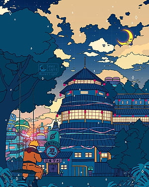 Naruto Uzumaki Sitting on a Swing in a Stylized Japanese Village at Night HD phone wallpaper
