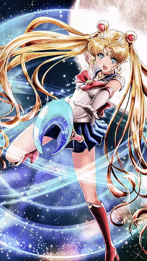 Sailor Moon in Classic Sailor Suit with Crescent Moon Wand Against Cosmic Starry Background HD phone wallpaper