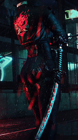 Cyberpunk 2077 Samurai Warrior with Glowing Katana in Neon Rain HD phone wallpaper