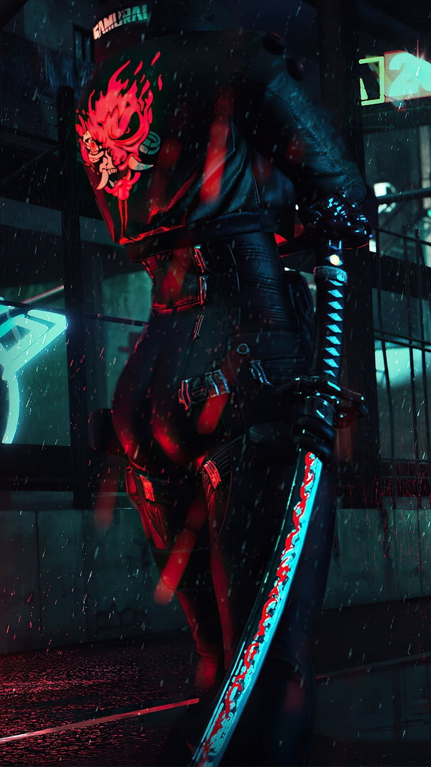 Cyberpunk 2077 Samurai Warrior with Glowing Katana in Neon Rain HD phone wallpaper