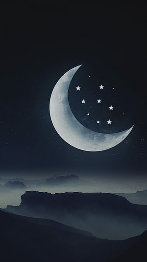 Crescent Moon and Starry Night Sky Over Misty Mountain Silhouettes HD phone wallpaper