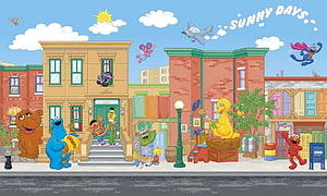 Sesame Street Neighborhood Illustration Featuring Big Bird, Elmo, Cookie Monster, and Friends on a Sunny Day HD wallpaper