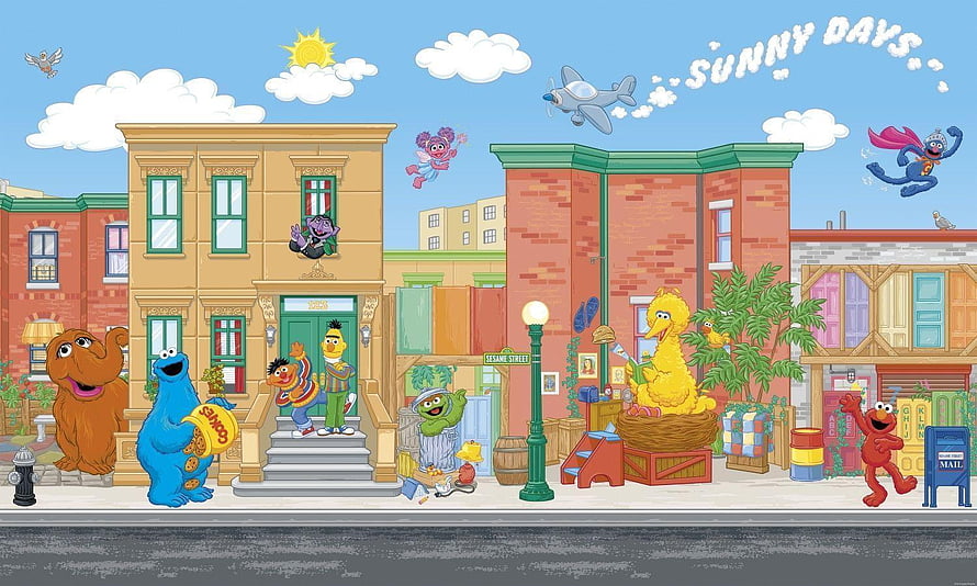Sesame Street Neighborhood Illustration Featuring Big Bird, Elmo, Cookie Monster, and Friends on a Sunny Day HD wallpaper