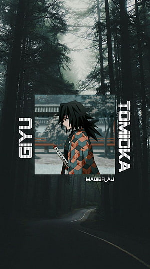 Giyu Tomioka from Demon Slayer in a moody forest road setting with katana and checkered haori HD phone wallpaper