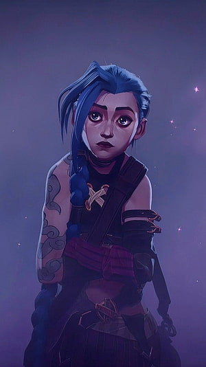 Jinx from Arcane in Dark Fantasy Art Style with Blue Braid and Tattoos HD phone wallpaper