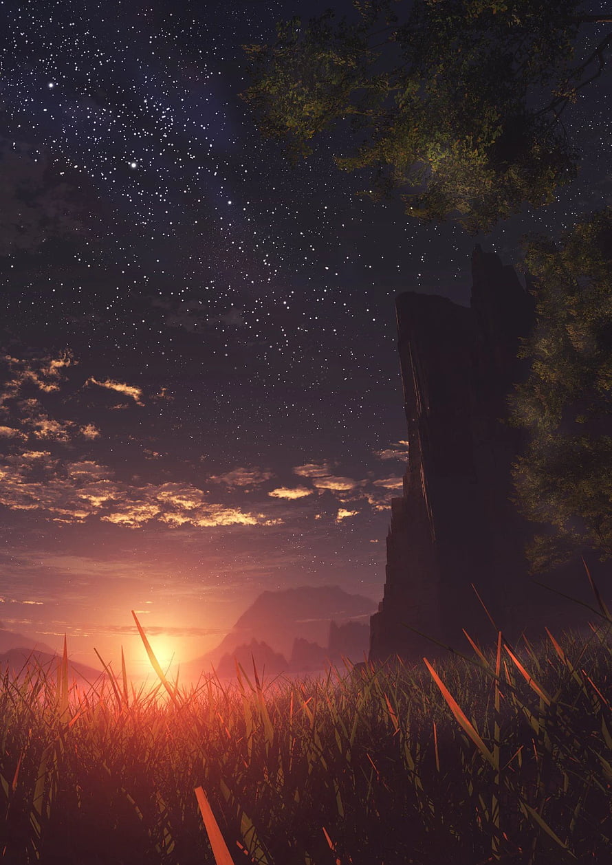 Anime Landscape Sunset Sky Clouds and Starry Night Over Mountain Valley HD phone wallpaper