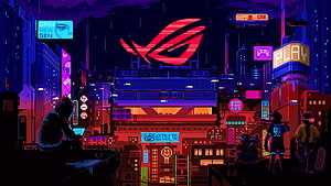 ROG Cyberpunk Pixel Art Cityscape with Neon Gaming Signs and Silhouetted Characters HD wallpaper