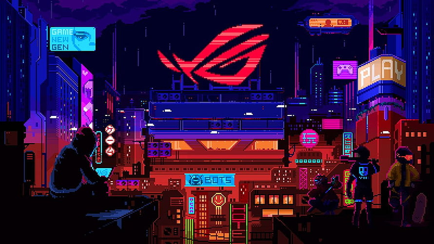 ROG Cyberpunk Pixel Art Cityscape with Neon Gaming Signs and Silhouetted Characters HD wallpaper