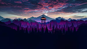 Firewatch Watchtower at Dusk with Purple Mountain Range and Pine Forest Silhouette HD wallpaper