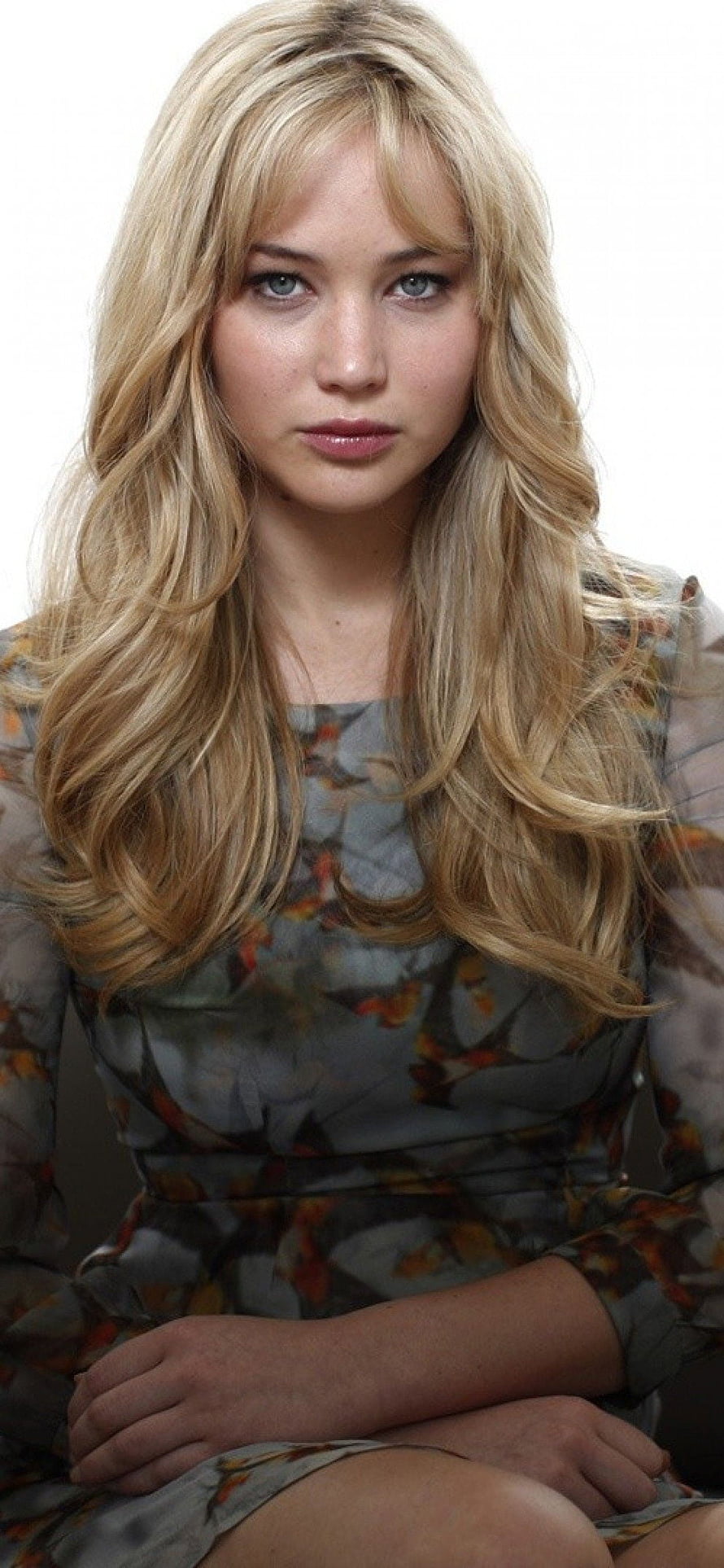 Jennifer Lawrence Portrait in Floral Dress with Long Blonde Hair HD phone wallpaper
