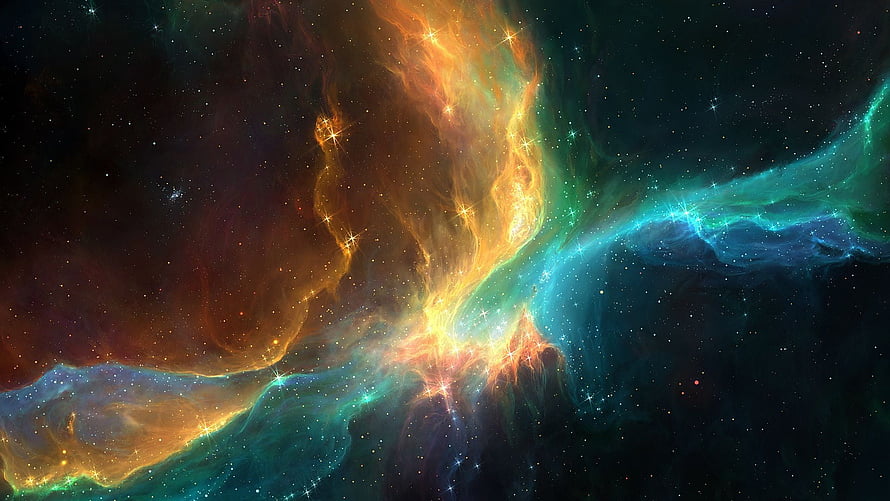 Vibrant Cosmic Nebula with Swirling Orange and Teal Gas Clouds in Deep Space HD wallpaper