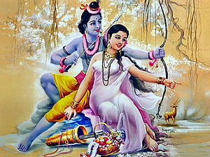 Ram and Sita Traditional Indian Painting with Bow and Arrow HD wallpaper