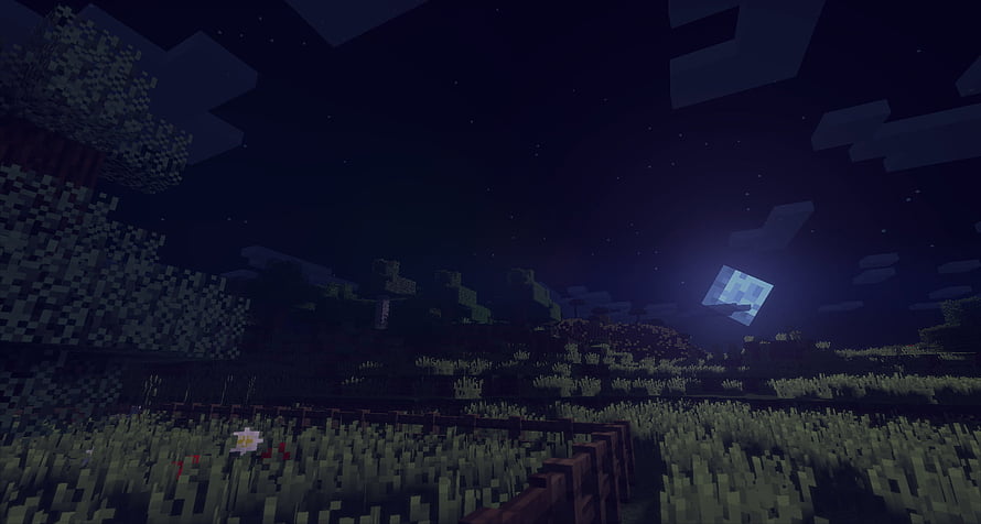 Minecraft Nighttime Grassland Landscape with Shaders and Starry Sky HD wallpaper