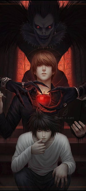 Death Note Anime Illustration Featuring Light Yagami, L, and Ryuk in a Dark Fantasy Setting HD phone wallpaper