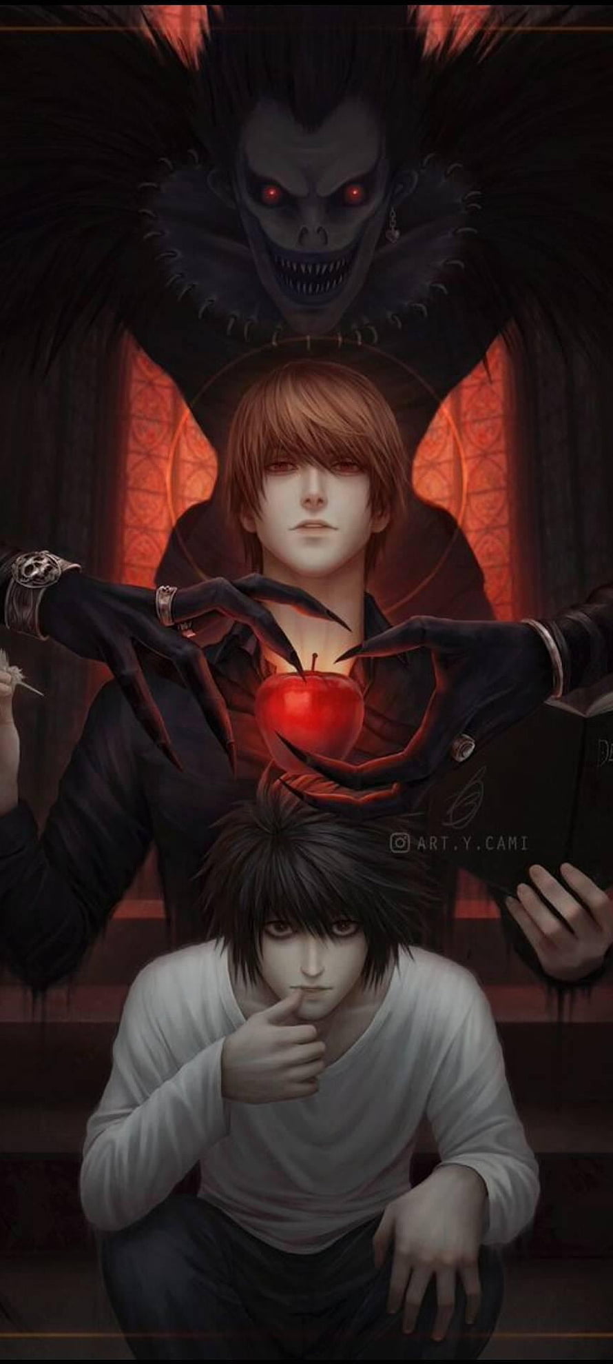 Death Note Anime Illustration Featuring Light Yagami, L, and Ryuk in a Dark Fantasy Setting HD phone wallpaper