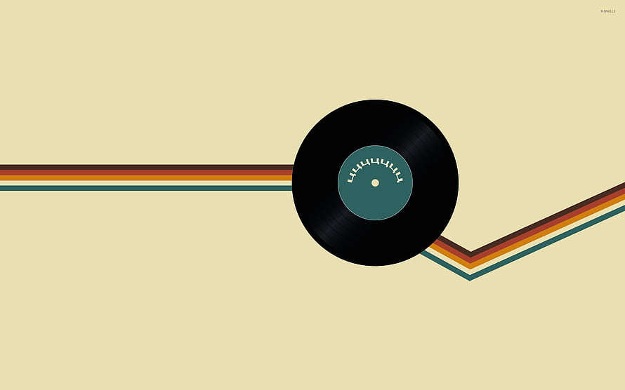 Retro Vinyl Record Minimalist Design with Geometric Color Stripes on Cream Background HD wallpaper