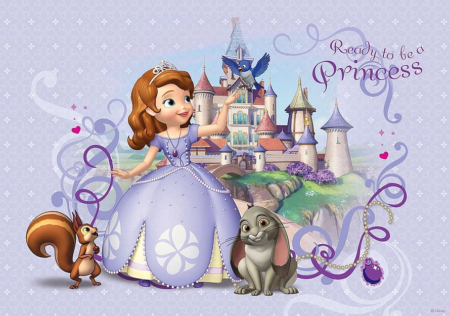 Sofia the First Princess in Lavender Gown with Castle and Animal Friends HD wallpaper