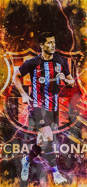 Robert Lewandowski in FC Barcelona Home Kit with Fiery Abstract Background HD phone wallpaper