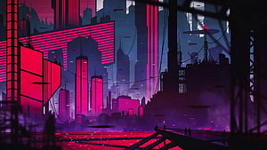 Cyberpunk Cityscape with Neon Pink Skyscrapers and Industrial Silhouettes HD wallpaper