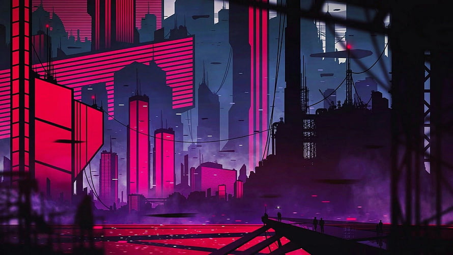 Cyberpunk Cityscape with Neon Pink Skyscrapers and Industrial Silhouettes HD wallpaper
