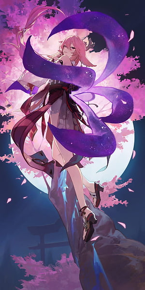 Yae Miko from Genshin Impact Standing on a Branch Under a Full Moon with Cherry Blossoms HD phone wallpaper