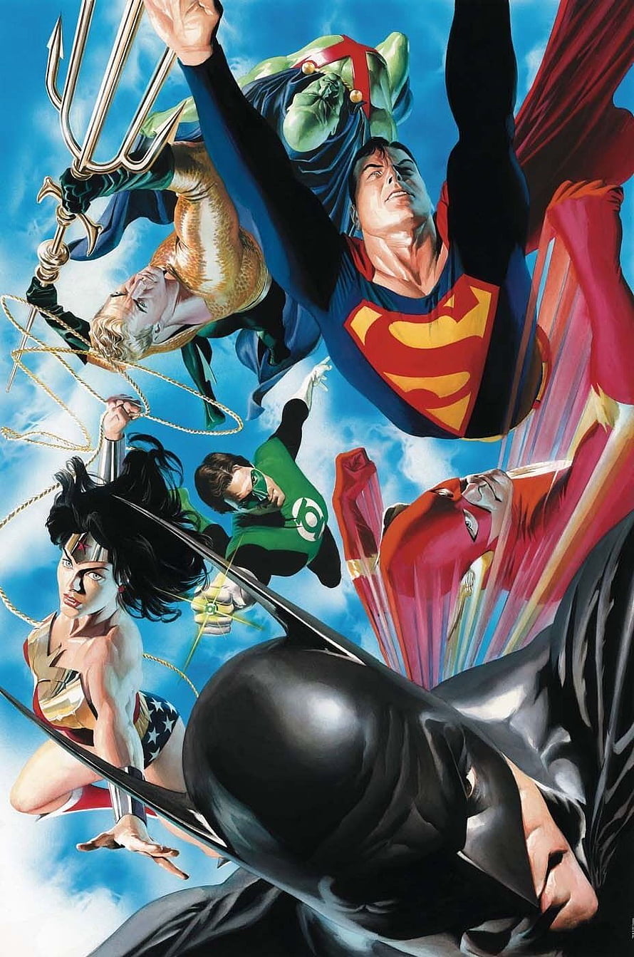 Justice League Heroes in Dynamic Action by Alex Ross Comic Art HD phone wallpaper