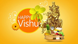 Vishu Festival Greeting with Golden Deity, Banana Leaf, and Traditional Fruits on a Warm Yellow Background HD wallpaper