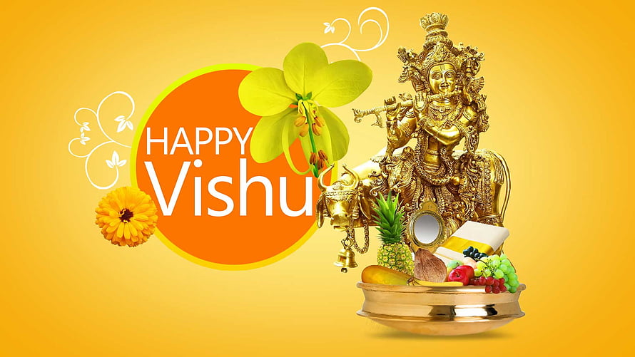 Vishu Festival Greeting with Golden Deity, Banana Leaf, and Traditional Fruits on a Warm Yellow Background HD wallpaper