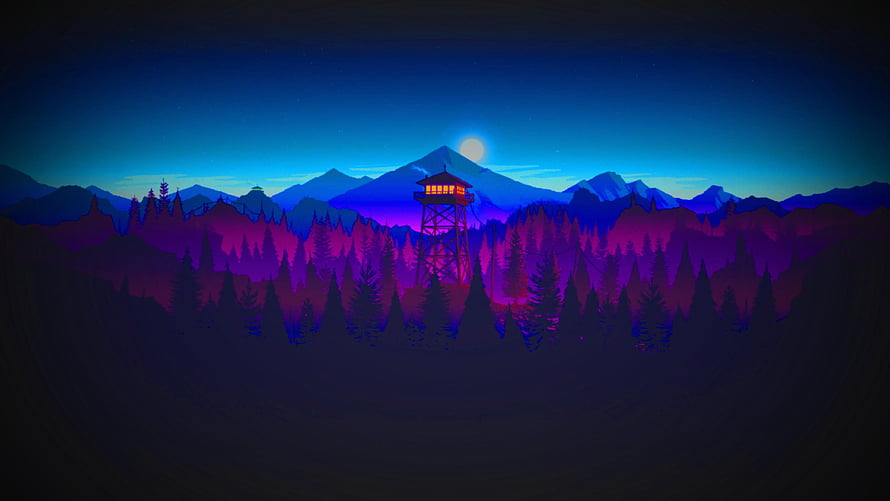 Firewatch Watchtower at Night in a Purple and Blue Mountain Forest HD wallpaper
