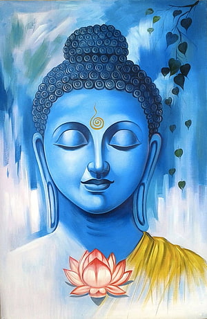 Serene Blue Gautama Buddha Portrait With Lotus Flower And Bodhi Leaves HD phone wallpaper
