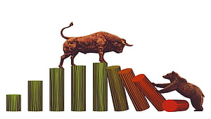 Bull and Bear Market Illustration with Rising and Falling Log Bar Chart HD wallpaper