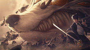 Aki Hayakawa Wielding Katana Beside Giant Beast in Chainsaw Man HD wallpaper