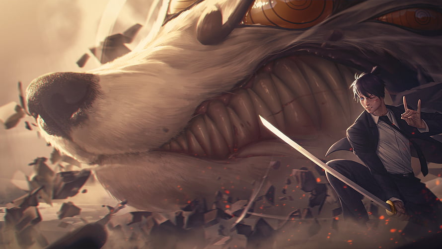 Aki Hayakawa Wielding Katana Beside Giant Beast in Chainsaw Man HD wallpaper