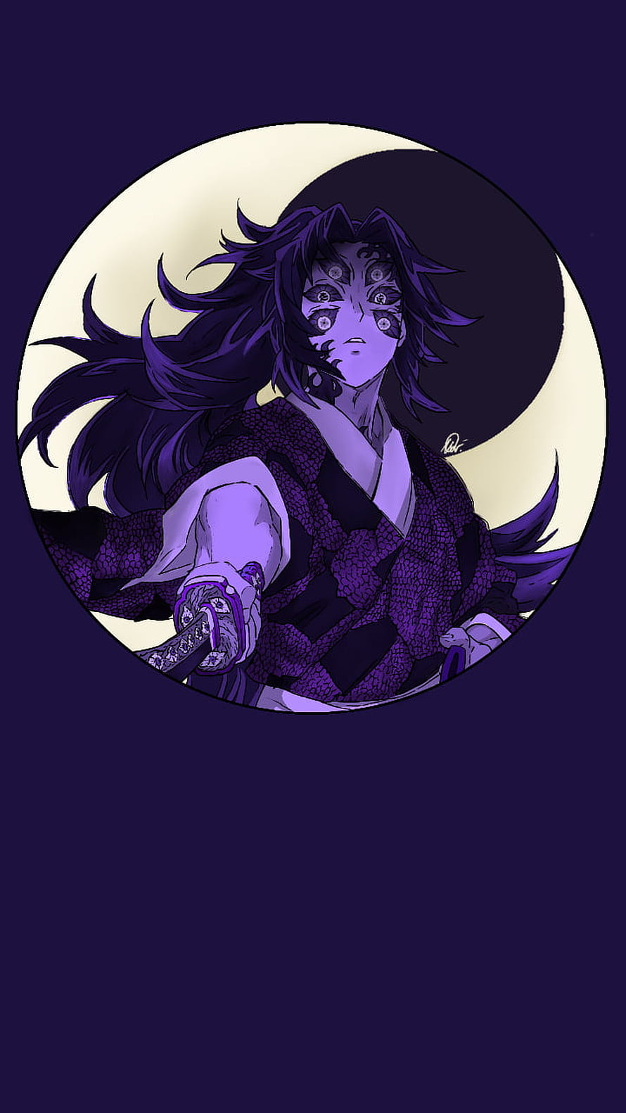Kokushibo Demon Slayer Anime Character Artwork with Purple Moon Background HD phone wallpaper