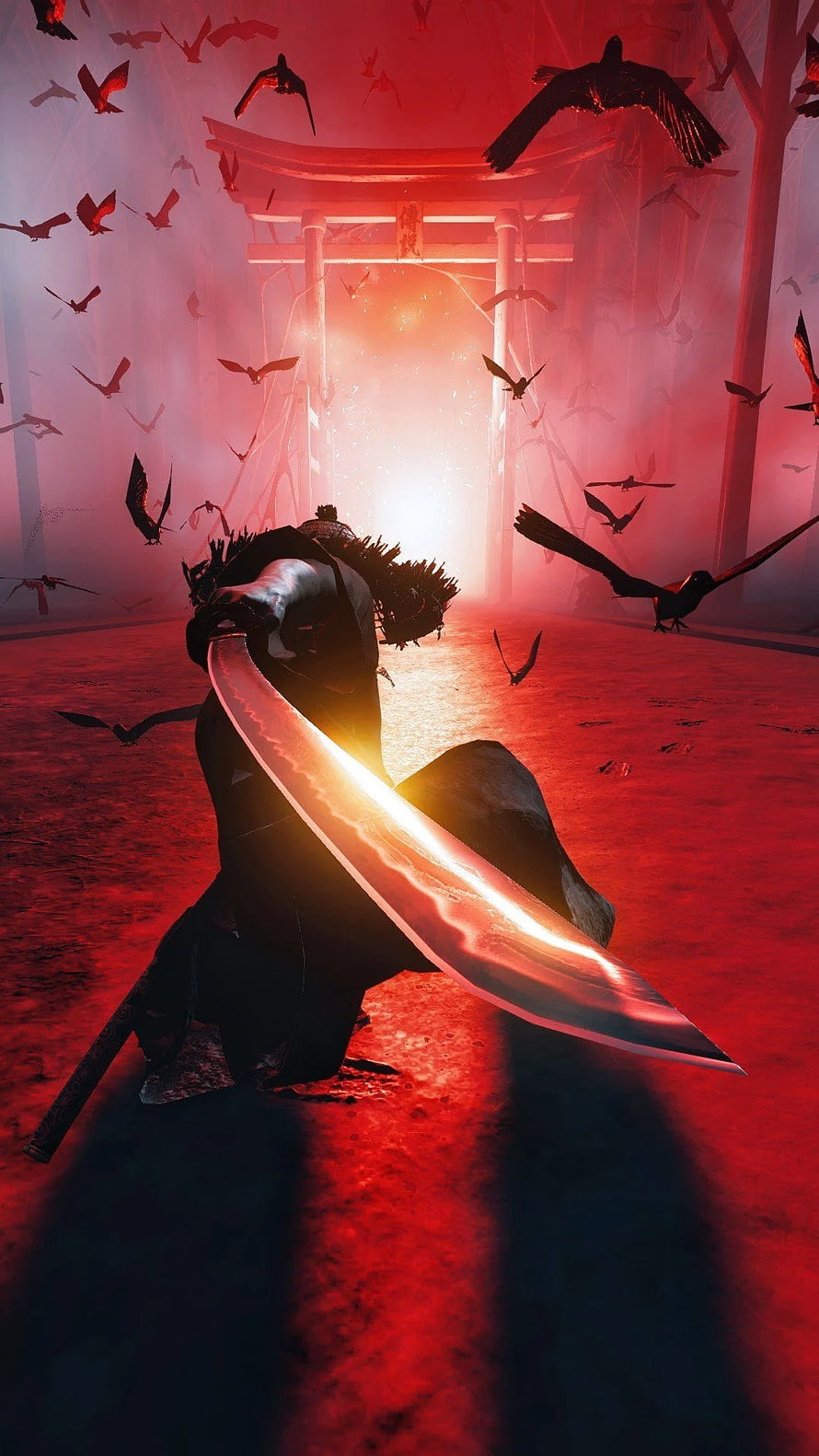 Dark Samurai Crouching with Glowing Katana Before a Torii Gate in a Red Misty Forest HD phone wallpaper