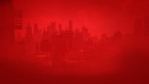 Spider-Man Red: Eerie Crimson Cityscape with Hazy Skyscrapers and Dark Atmosphere HD wallpaper