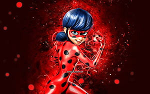 Miraculous Ladybug in Dynamic Red Energy Burst with Blue Hair and Spotted Suit HD wallpaper
