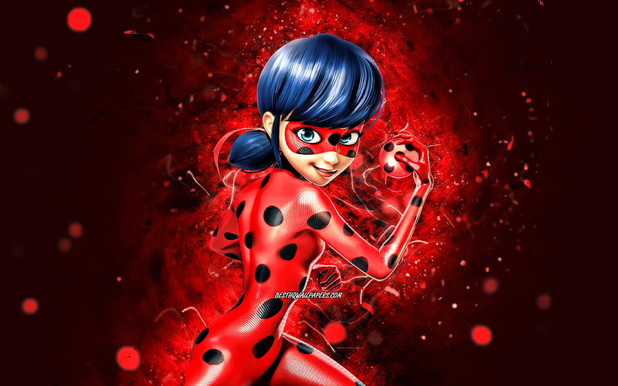 Miraculous Ladybug in Dynamic Red Energy Burst with Blue Hair and Spotted Suit HD wallpaper