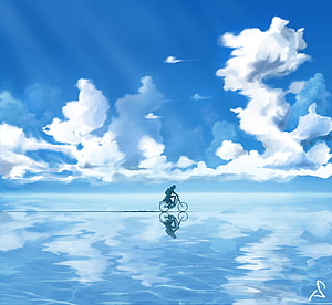 Aokiji Riding a Bicycle Across a Mirror-Like Sea Under a Vast Blue Sky HD wallpaper