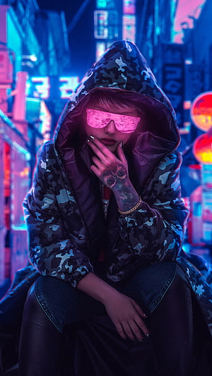 Cyberpunk Girl in Camouflage Hoodie with Neon Sunglasses in Futuristic City HD phone wallpaper