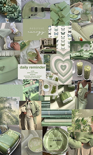 Sage Green Aesthetic Collage Featuring Vintage Cars, Fashion, and Nature Elements HD phone wallpaper
