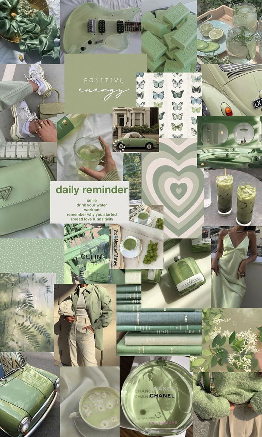Sage Green Aesthetic Collage Featuring Vintage Cars, Fashion, and Nature Elements HD phone wallpaper