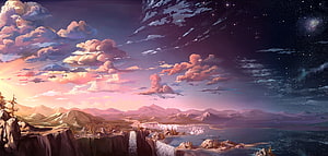 Digital Art Landscape Featuring Mountain Ranges, Waterfalls, and a Starry Twilight Sky HD wallpaper