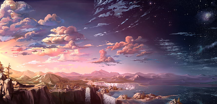 Digital Art Landscape Featuring Mountain Ranges, Waterfalls, and a Starry Twilight Sky HD wallpaper